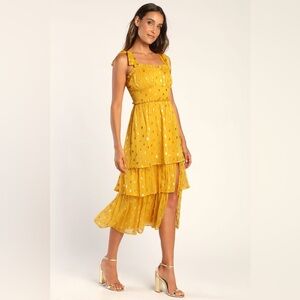 Lulus Celebration Chic Yellow Polka Dot Tie-Strap Tiered Maxi Dress